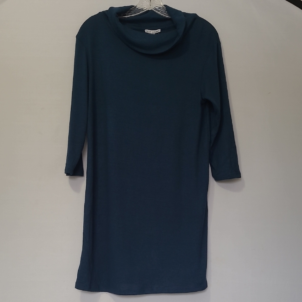 MARY SQUARE TEAL/NAVY COWL NECK SWEATER DRESS 3/4 SLEEVE SIZE XS.